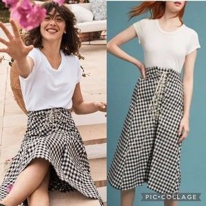 Anthropologie Eva Franco Black and White Gingham Midi Lace Up Skirt Size Small